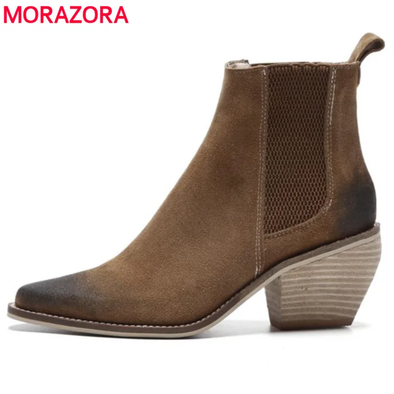 

MORAZORA 2018 Hot sale Cow suede leather ankle boots thick high heels women boots spring autumn ladies motorcycle boots shoes