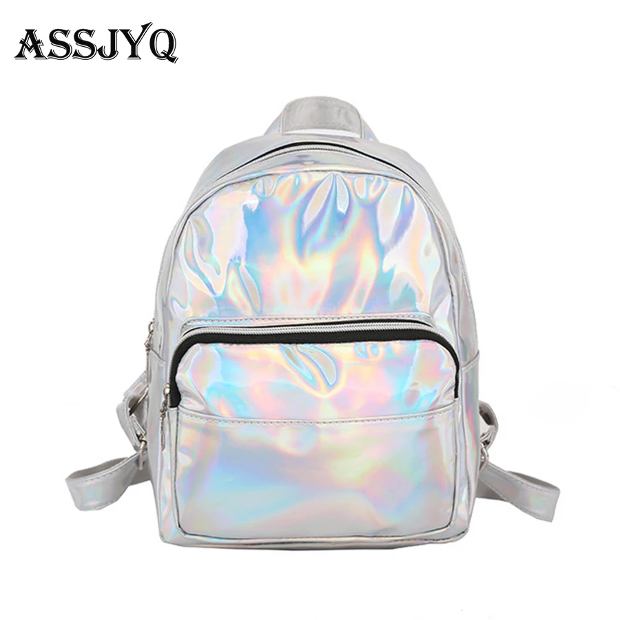 

Fashion Woman Laser Backpack Travel Mini Student Cute Backpack Summer New Small Fresh Leather Hologram Pink Silver Backpack 2019