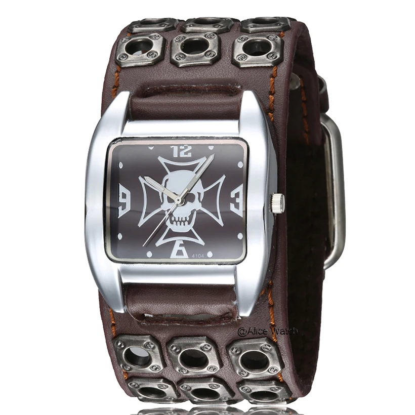 Панк готический стиль рок мужские наручные часы кожаный ремешок Череп кварцевые спортивные мужские браслет часы подарки Relogio Masculino