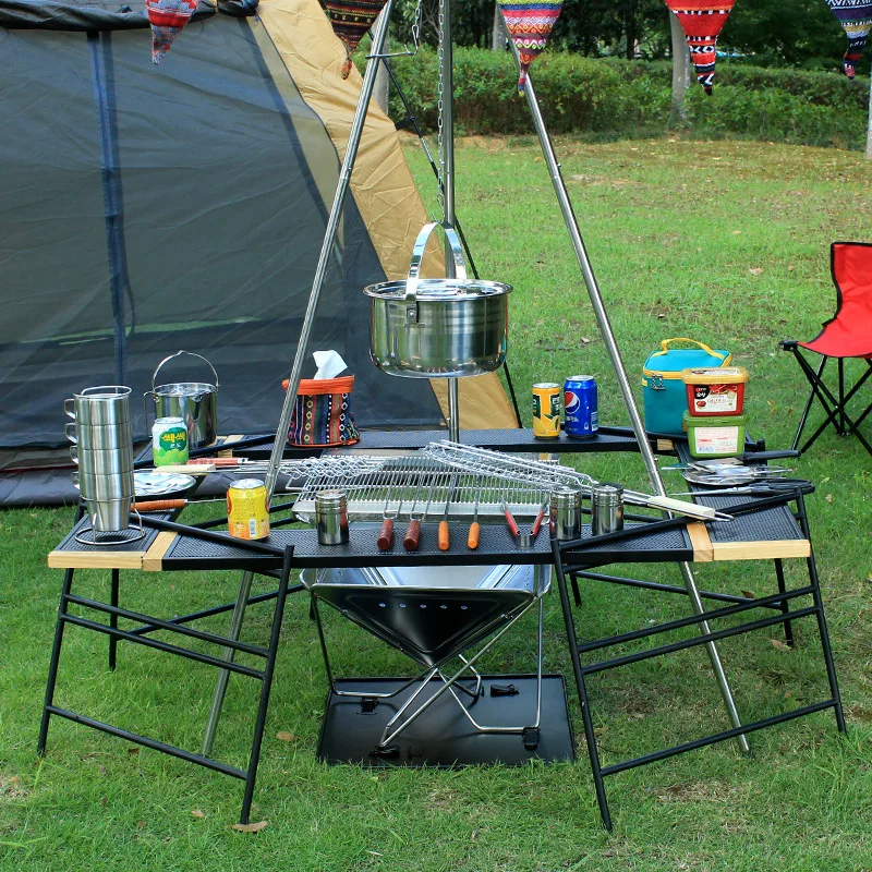  New type outdoor barbecue table spliced net camping por multi-functional folding self-driving picni