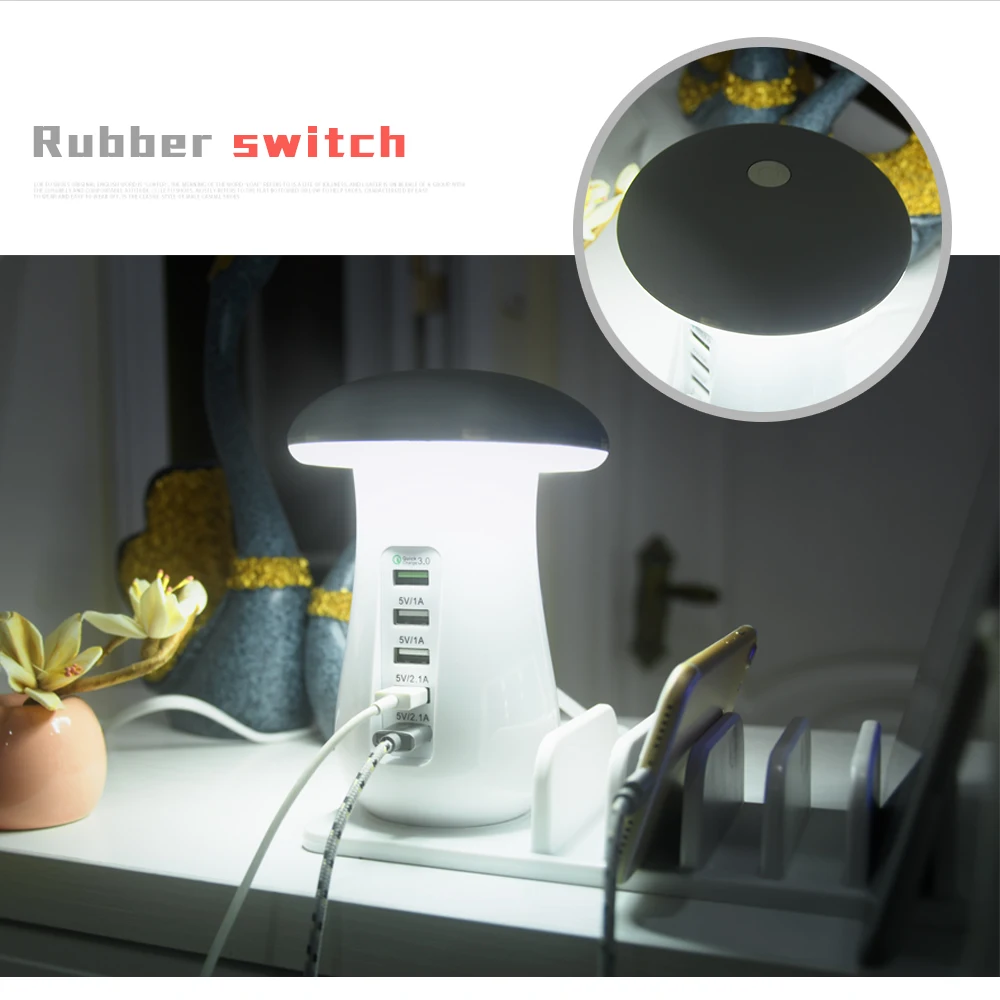 Грибной Ночной светильник, кнопочный режим/Сенсорный режим 3,0, USB зарядное устройство, концентратор, 5 портов, адаптер для зарядки телефона, Светодиодный настольный светильник в виде гриба
