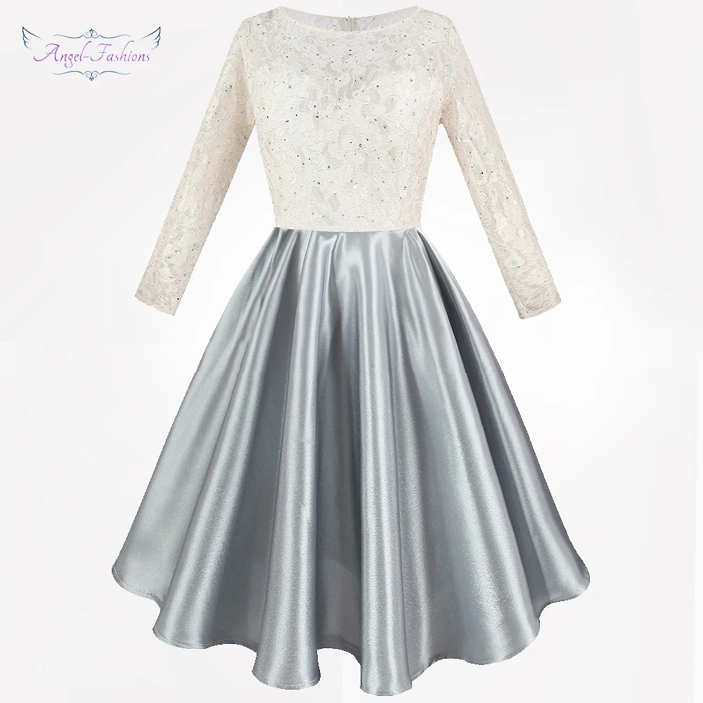 Женское Короткое платье Angel fashions кружевное нарядное с длинными рукавами для