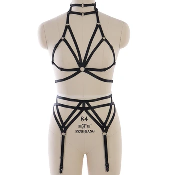 

1 Set Harness Bra wirh Elastic Garter Belts Leg Harness Women Costume Black Cage TopSexy Lingerie neck Choker Bondge Harness