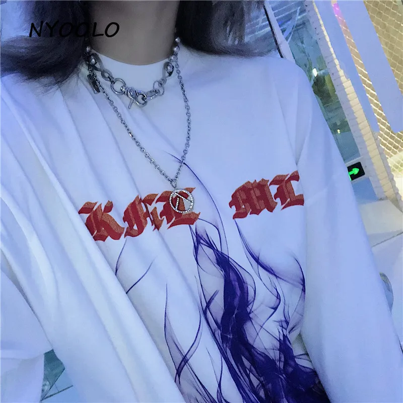 NYOOLO Осенняя Harajuku уличная белая футболка с принтом пламени, Повседневная футболка с длинным рукавом и круглым вырезом, Женская/Мужская одежда, топы, футболки