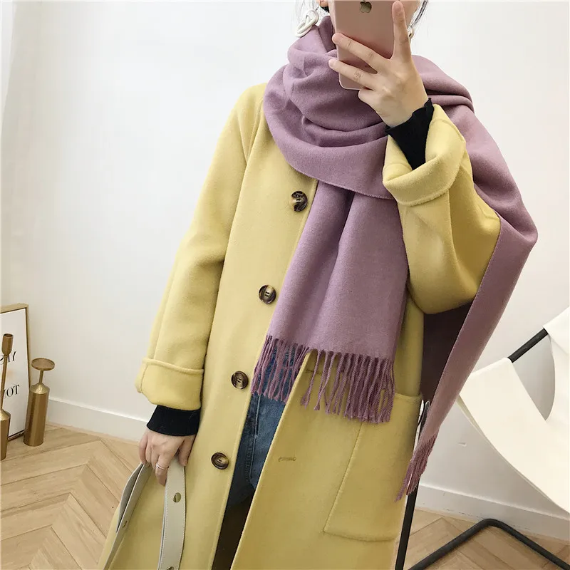 Female new 10 colors tassel scarf monochrome double-sided warm shawl imitation cashmere bib