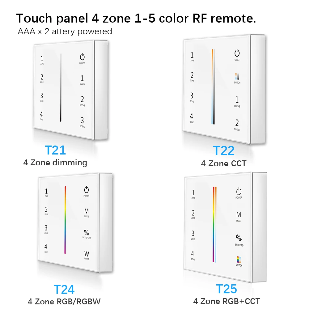 

Touch panel 4 zone RF Remote 2 X AAA Battery 2.4G RF Touch Screen Control for CCT DIM RGB RGBW RGB+CCT LED Strip / Bulb