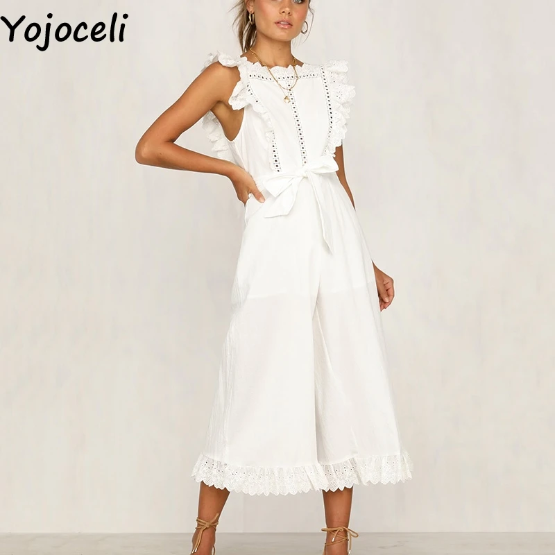 Yojoceli Sexy long white white jumpsuit romper Elegant party loose casual jumpsuit women Summer sleevelsss beach rompers