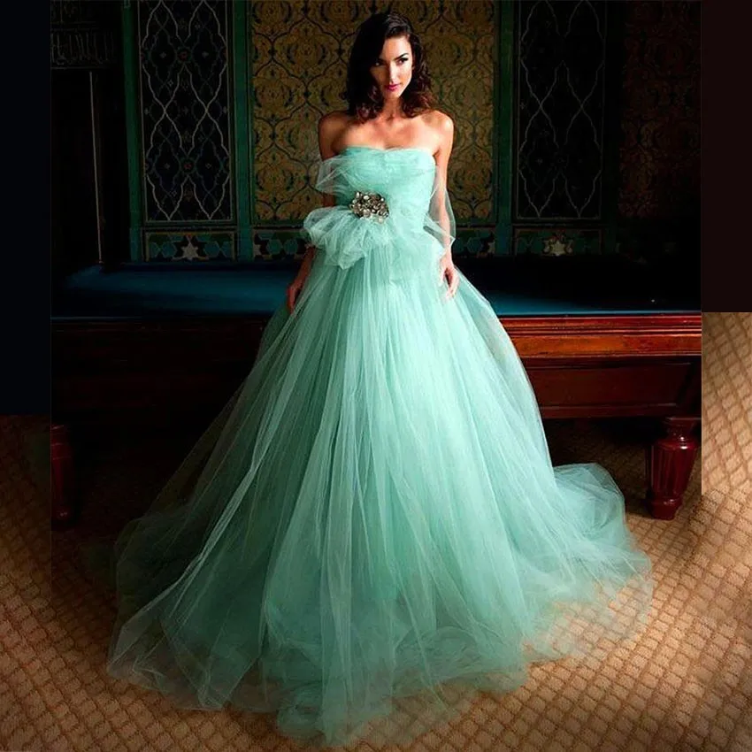

New Sexy Mint Green Long Prom Dresses A-Line Formal Evening Gown Dress Strapless Tulle Floor Length Vestidos De Festa