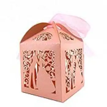

50pcs Couple Design Luxury Lase Cut Wedding Sweets Candy Gift Favour Boxes with Ribbon Table Decorations (Pink)