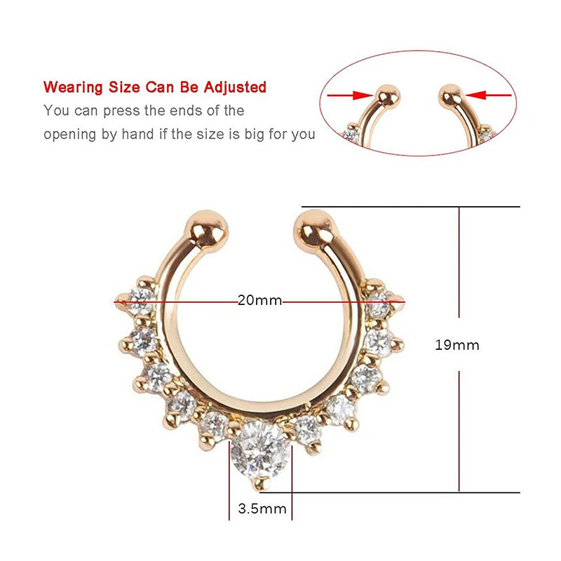 Qevila Crystal Fashion Clicker Fake Septum for Women Body Clip Hoop Vintage Fake Nose Ring Faux Piercing Body Jewelry Wholesale (2)