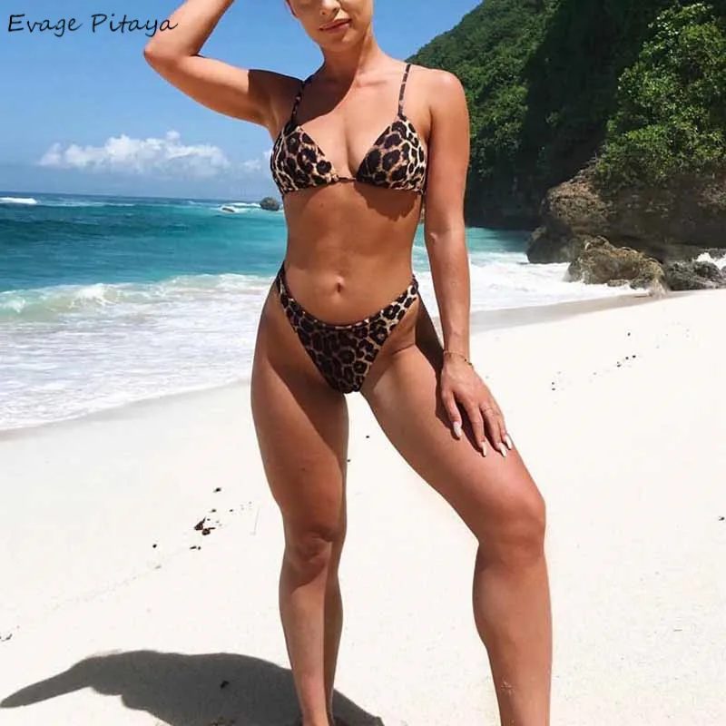 

Evage pitaya hot sale swimwear women 2019 bikinis sexy bikini set v neck thong high leg Push up padded Leopard seductive bikini