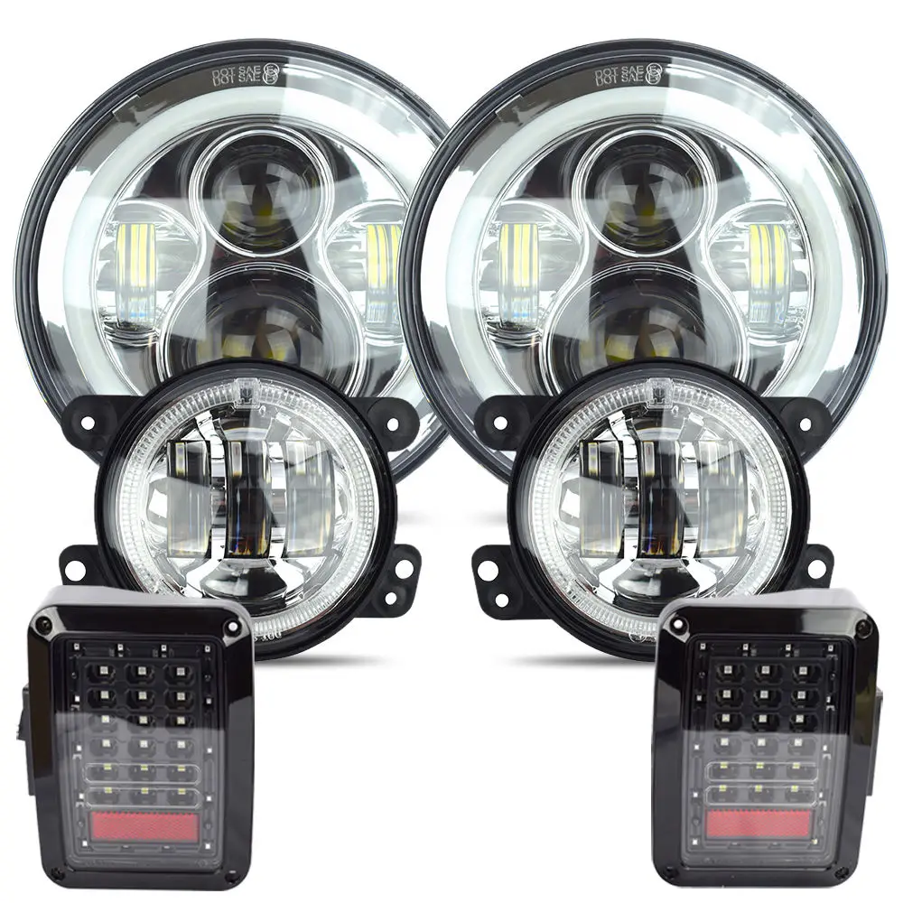 

7" moto LED Headlight 4" White Fog Lamp Tail Light Kit For Jeep wrangler 2007-17 Chrome set