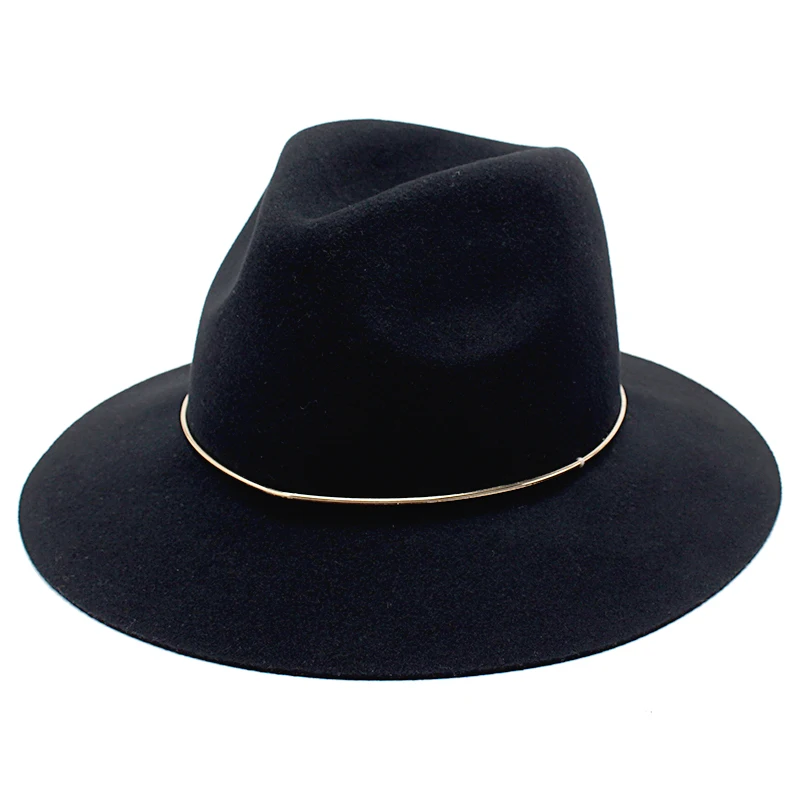 ROSELUOSI шерсть фетровая джазовая шляпа для женщин с дикими полями Панамы, федоры с металлическим украшением, Повседневная одноцветная женская шляпа