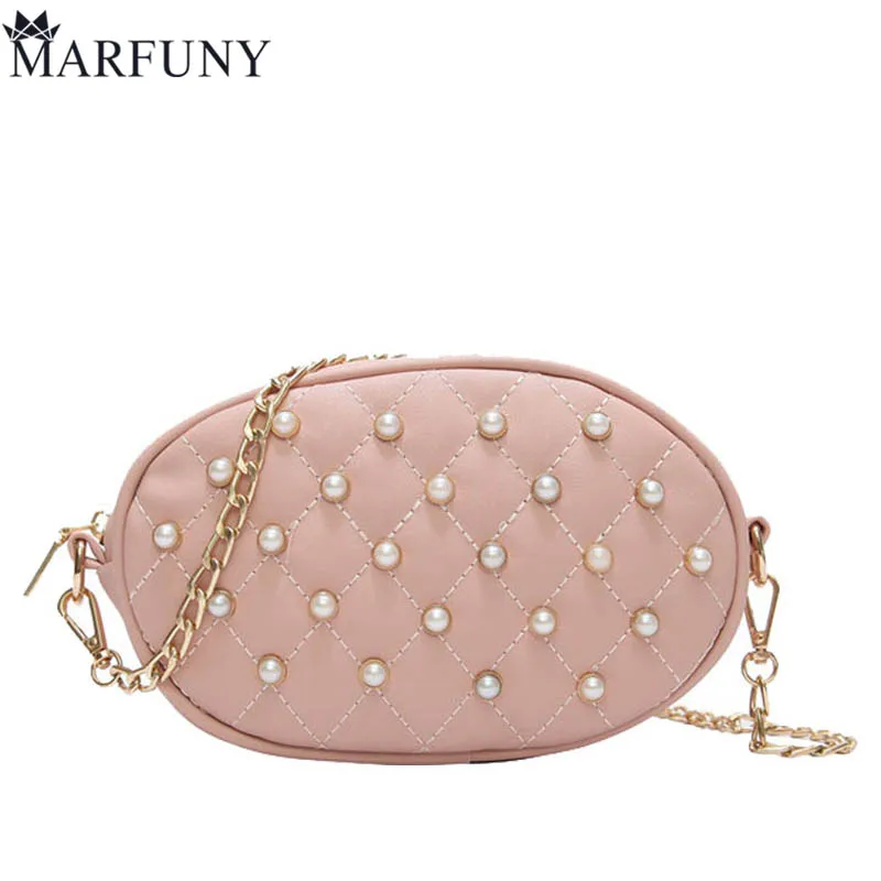 

MARFUNY Brand Pearl Waist Bag Women Pu Leather Waist Packs Women Bag 2018 New Barrel Bags With Chains Travel Zipper Bag Fashion