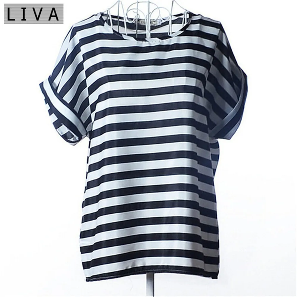 Fashion Thin Women Shirt S-XXL Summer Style Loose Colorful Print Chiffon Blouse Casual Tops Short Sleeve blusa feminina stripe (29)