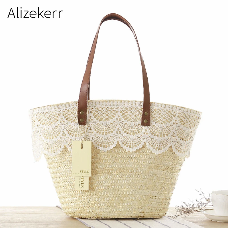 

Woven Lace Beach Bag Women Summer Handmade Large Beige Tote Rattan Straw Bag Wicker Bigs Simple Top Handle Handbag Travel Female