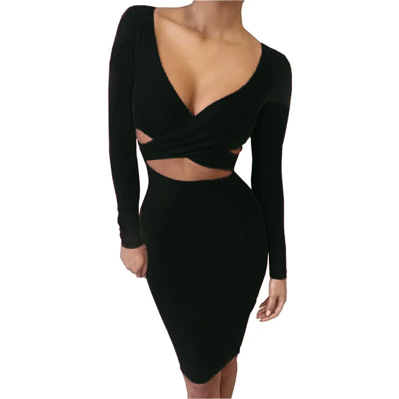 Сексуальное облегающее Бандажное платье, элегантное эластичное теплое платье с длинным рукавом для вечеринки, белое сексуальное Клубное платье миди, облегающее Клубное платье M0522 - Цвет: Black