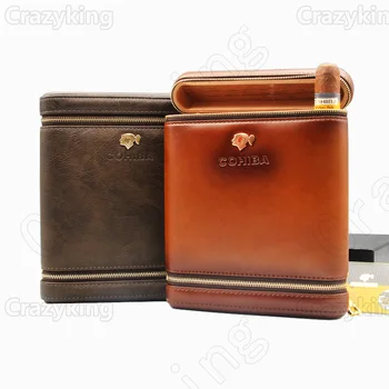 

COHIBA Real Cowhide Leather Lined Cedar Wood Zipper Travel Cigar Case Holder 6 Tube Humidor With Humidifier
