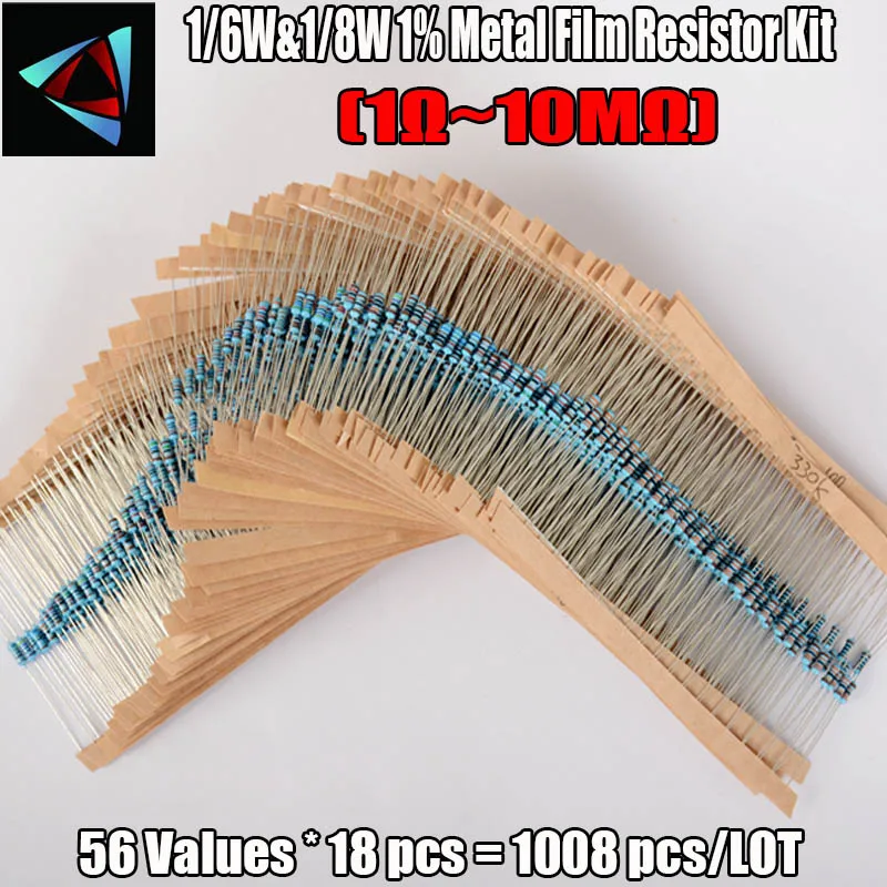 ¡Nuevo! 1008 piezas 56 valores de 1/6 W y 1/8 W resistencias de película de Metal 1-10 M componente electrónico ohm establece el valor de resistencia que necesitas