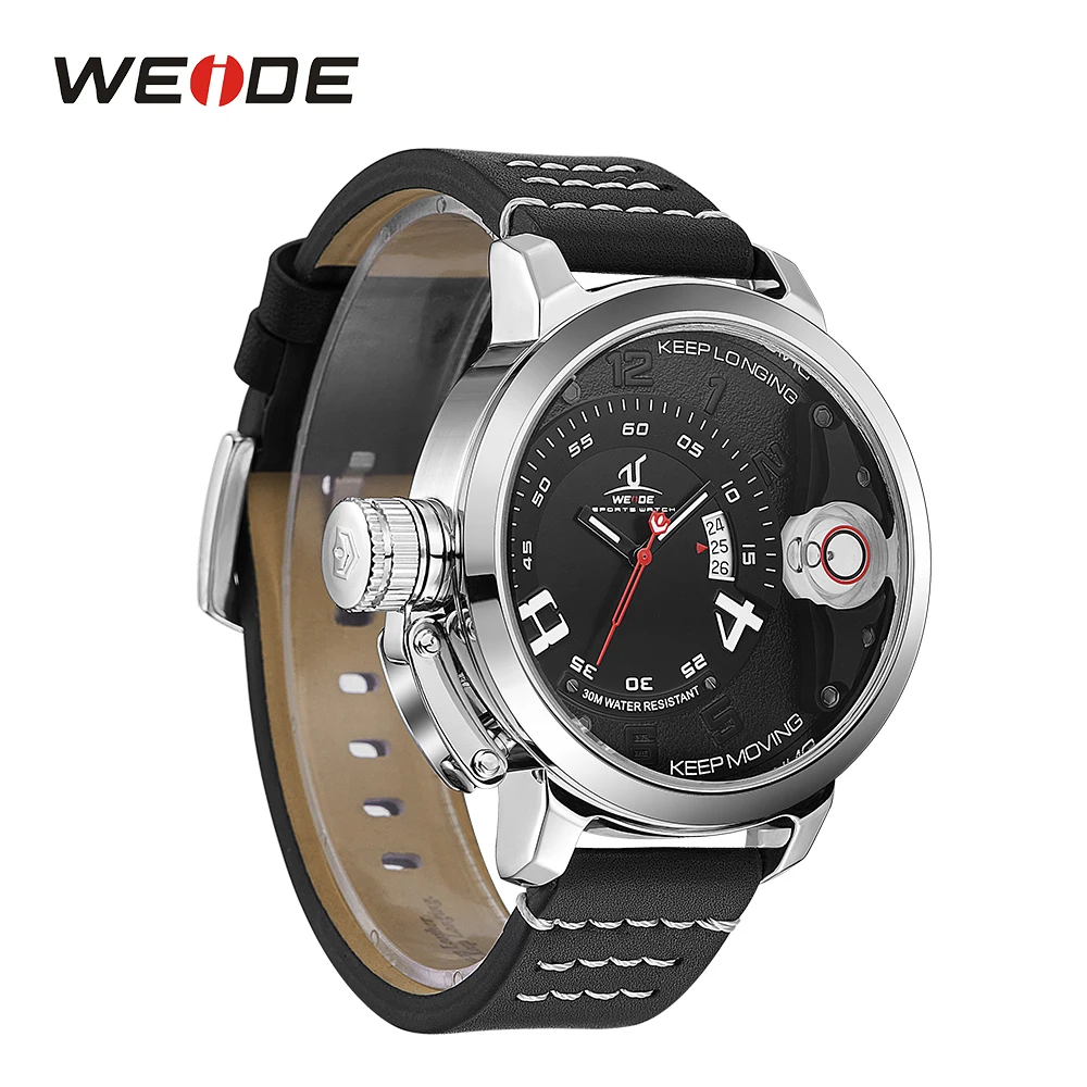 WEIDE Men Analog Calendar Date Black Leather Strap Buckle Stainless Steel Back Case Hardlex Men Fashion Sport Quartz Wrist Watch
