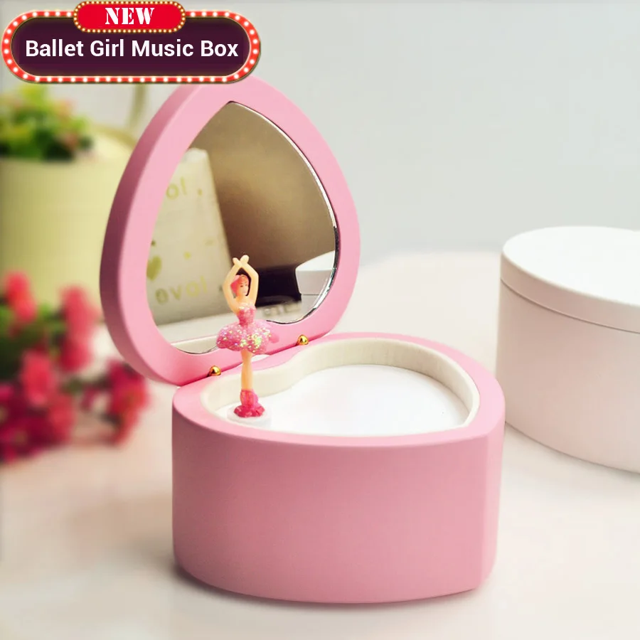 Heart Shaped Ballet Girl Music Box White Pink Wooden Musical Boxes