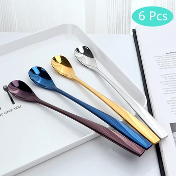 

6 Pcs Stainless Steel Coffee Tea Spoon Long Handle Creative Spoon Drinking Tools Kitchen Gadget Flatware Tableware Ice Spoons
