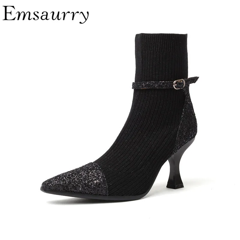 

Bling Sequins Wool Knitted Patchwork Runway Botas Mujer 7cm Thin Heel Point Toe Glitter Buckle Strap Ankle Boots Women