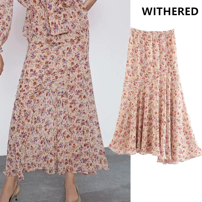 

Withered england style vintage print floral elastic waist skirt women faldas mujer moda 2019 asymmetric pleated skirts womens