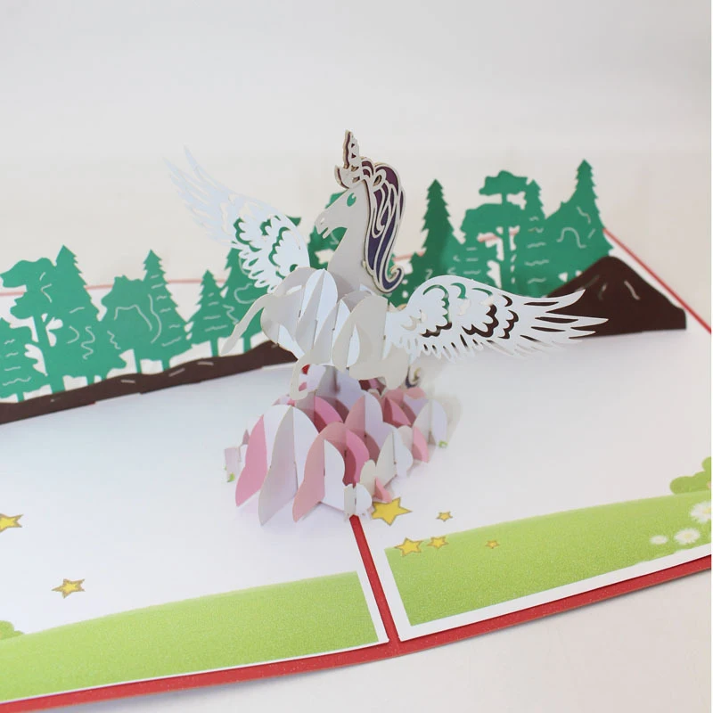  3D Handmade Color Print Cartoon Cloud-stepping Unicorn Paper Invitation Greeting Cards Postcard Kid - 33059742843