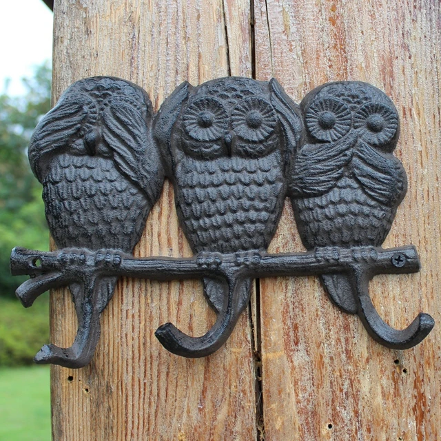 Antique Black Three Owls Cast Iron Wall Hook With 3 Hangers Don't