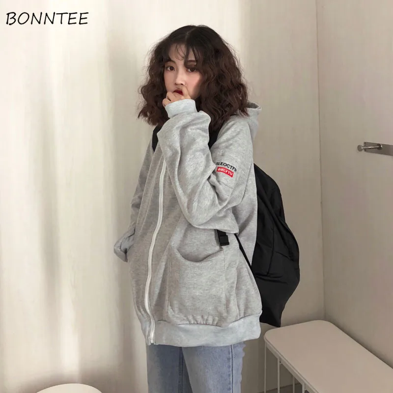 Hoodies Women Hooded Thicker Plus Velvet Solid Letter Embroidered Zip-up Pockets Loose Womens Hoodi