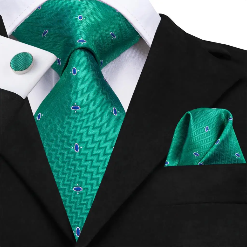

C-3130 Hi-Tie Luxury Silk Men Tie Dot Green Necktie Handkerchief Cufflinks Set Fashion Men's Classic Party Wedding Tie Set 8.5cm