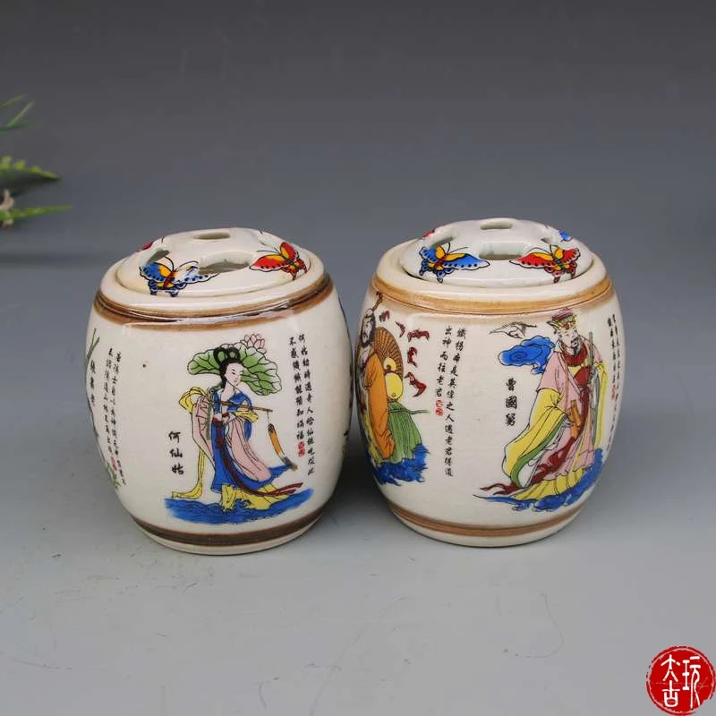 Антикварная фарфоровая ваза QingDynasty Восемь Бессмертных пара ручная роспись