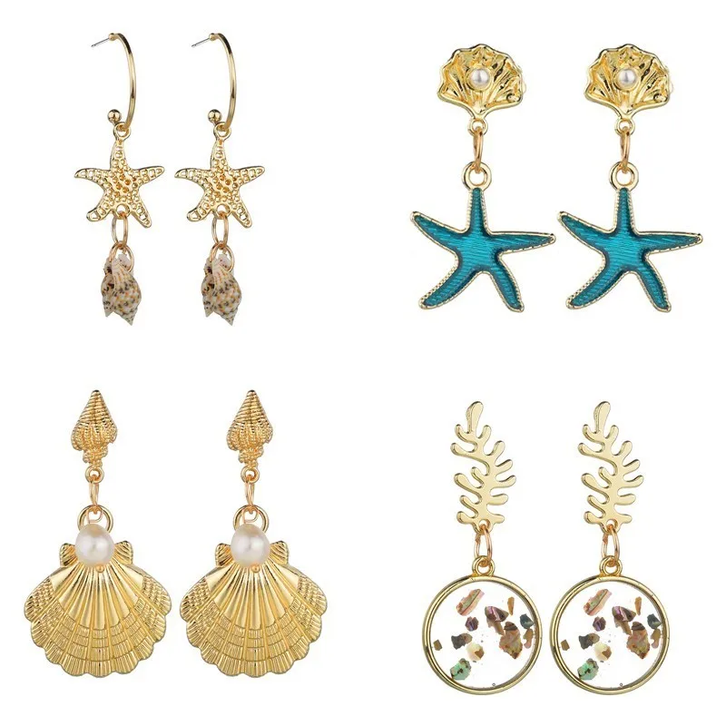 

10 Style Gold Color Starfish Shell Earrings For Women Bohemian Natural Stone Conch Drop Earrings Fashion Summer Beach Jewelry