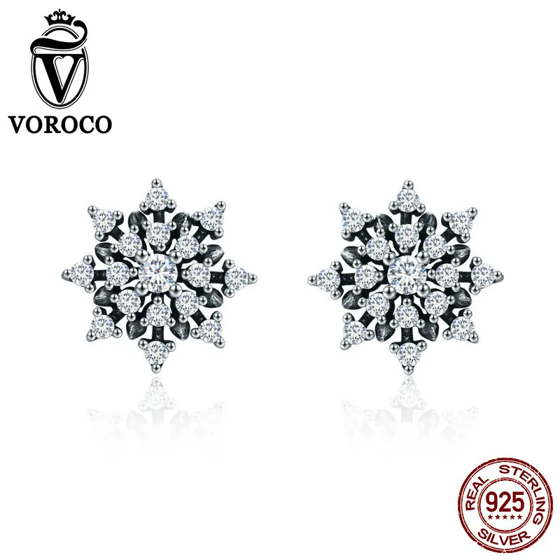 

VOROCO Glitter Snowflake Silver Earrings Fine Jewelry Authentic 925 Sterling Silver Engagement Stud Earring Female Girl BKE346