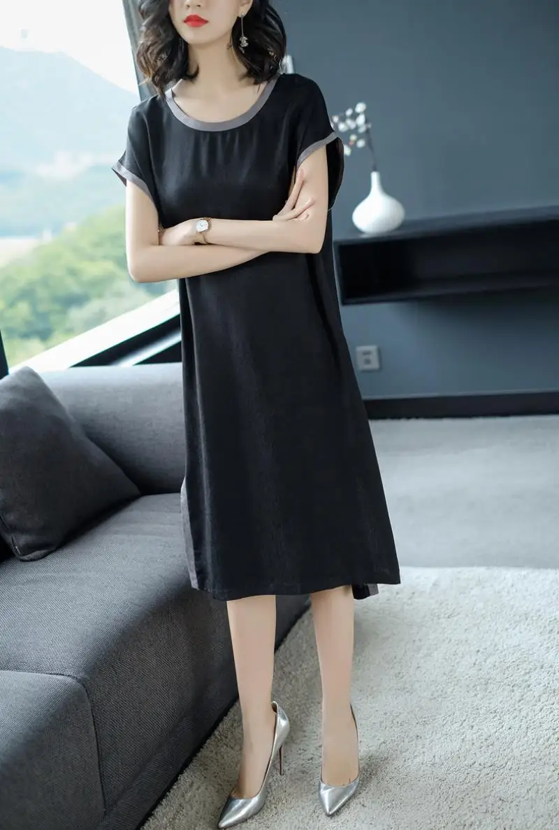 2018 Summer New Style Simple Fashion  Stripes Soft 100% Real Silk Straight Dress Female Casual Loose Short Sleeve Dress
