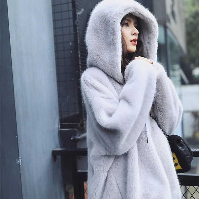 Winter Faux Fur Jacket women Warm Velvet Hooded Hoodies Cap Hoody Outwear loose fur coat