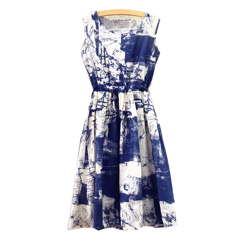 Women Vintage Dress New Design Summer Sleeveless Round Neck Cotton And Linen Print High Quality Vestidos Womens Slim De Festa | Женская
