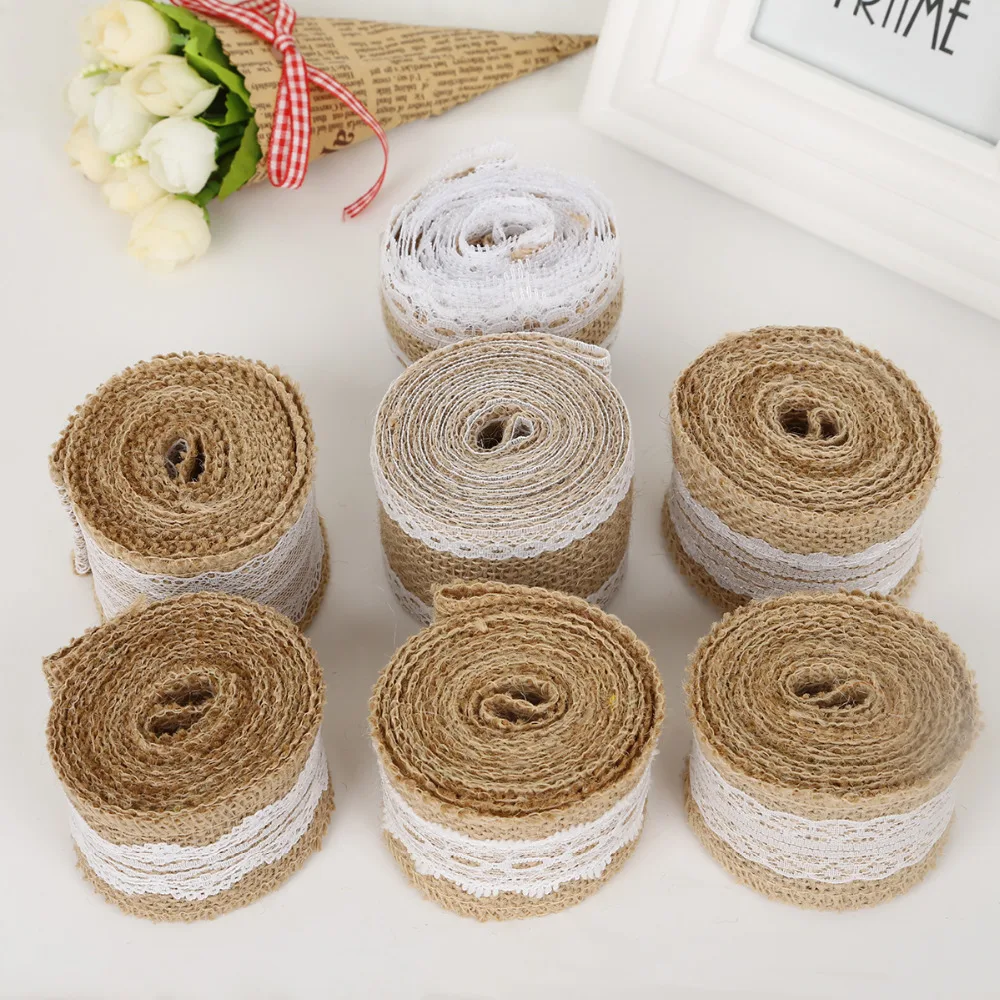 

2Meters/lot Width 5cm White Color Natural Jute Rolls Burlap Hessian Ribbons with Lace For vintage rustic wedding decoration