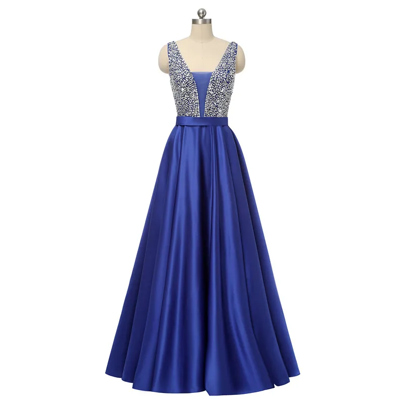 

Navy Blue Satin With Sequined Prom Dress Vestido De Festa V-Neck A-line Prom Dresses Long Dress 2020 Robe De Soiree Party Dress