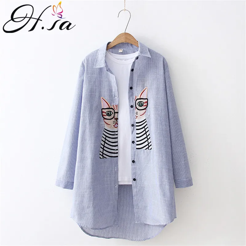 H.SA 2018 New Fashion Women Long-Sleeve Blouses Casual Embroidery Cat Shirts Women Top and Blouses Cotton Long roupa feminina