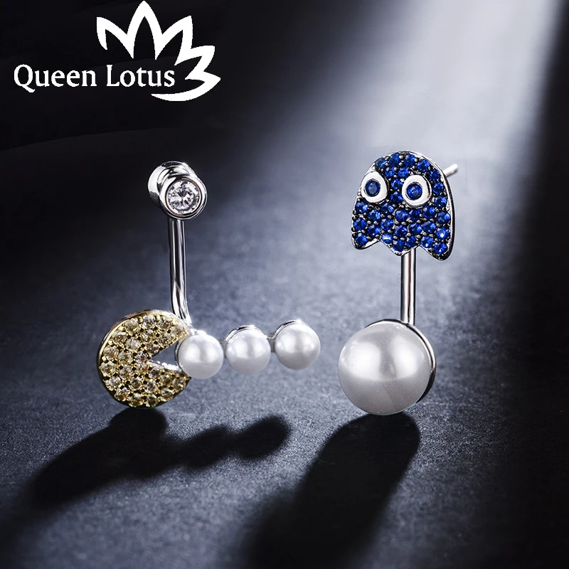 Queen Lotus, асимметричные Мультяшные серьги-гвоздики, женские Мультяшные жемчужные серьги с кристаллами Pac-Man, корейские модные серьги с кубическим цирконием
