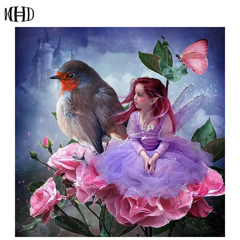 

MHD, new, 3D diamond painting, girl birds, round & full diamond, diamond cross stitch, stick drilling embroidery,gifts