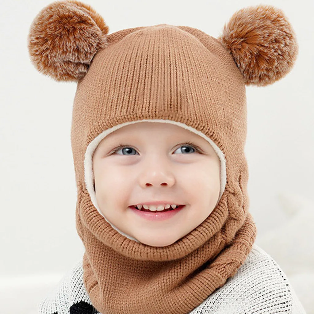 Детская шапка, шапка для мальчиков и девочек, вязаная шапка с воротником, детская зимняя шапка с помпоном, модная шапка для маленьких мальчиков