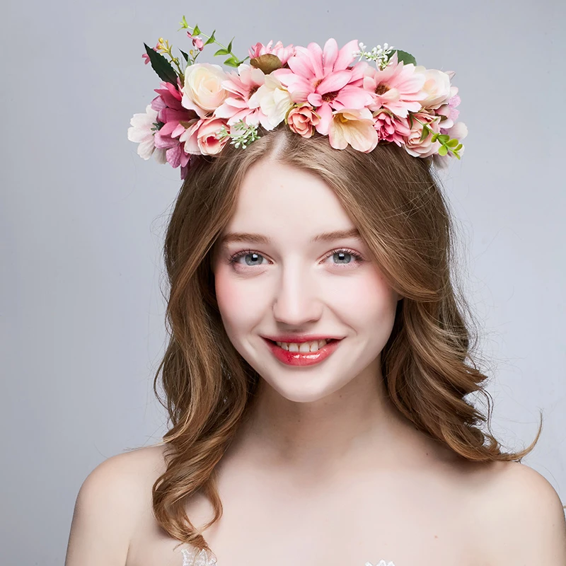Rose Halo Flower Wreath Crown Floral Hair Garland Headpiece With Ribbon