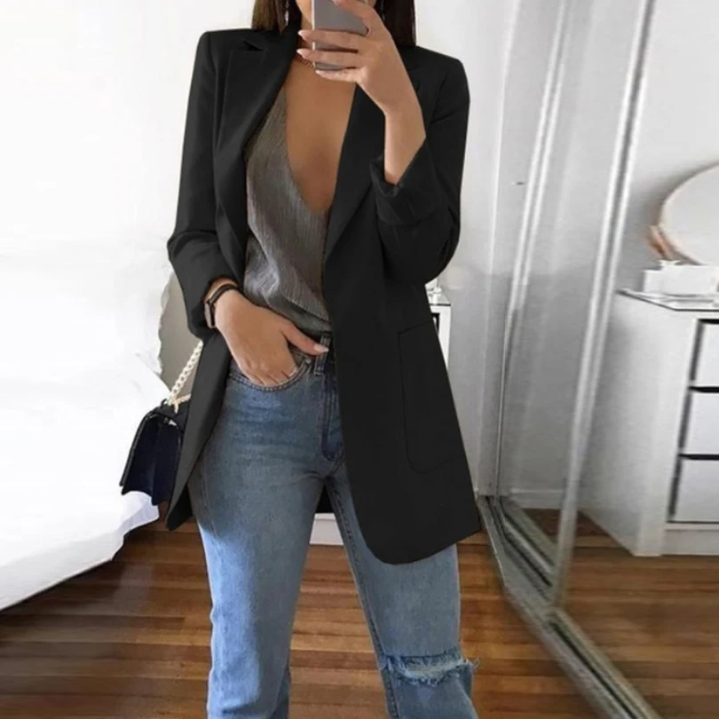 Sexy Pockets Black Women Blazer Autumn Suit Jacket Business Notched Ladies Blazer Fashion Casualsuits &Blazer Party Coat 2019