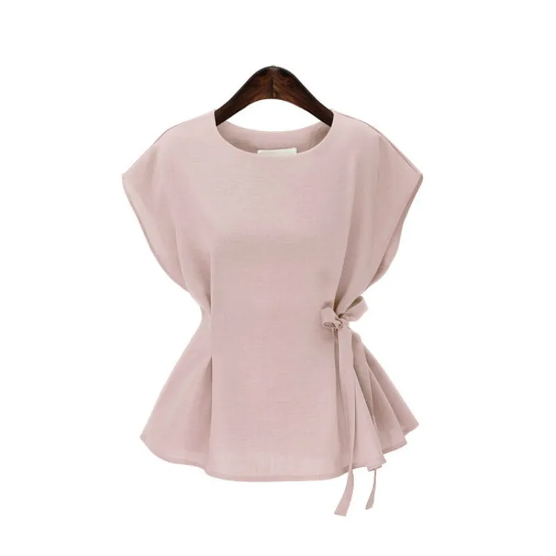 

Plus Size Summer Tops Vintage Sleeveless Women Blouses 2017 Solid Peplum Top Elegant Side Lace Up Shirt Women Blusas Feminina