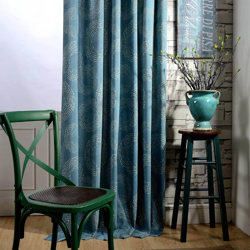 

hot sale luxury customized polyester linen cotton blue printing door decoration window groment drape curtain fabric