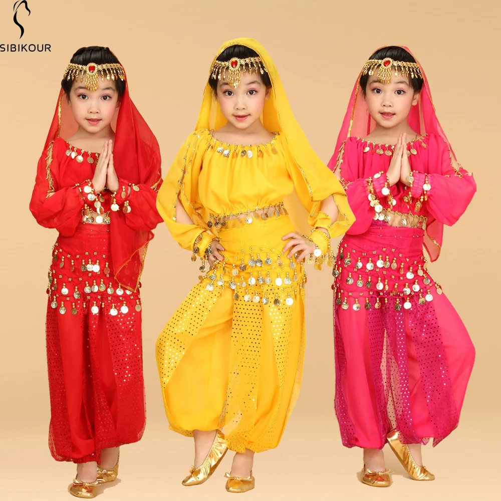 

Bollywood Belly Dance Costume Set For Kids Egypt Egyptian Oriental Indian Belly Dance Suit For Girls Dress 120D Chiffon Top Pant