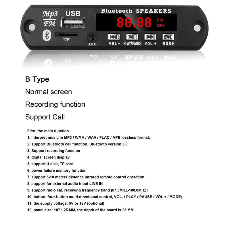 B Type Bluetooth 5.0 MP3 Decoder Board WMA WAV FLAC APE Mp3 Player Color Screen USB TF FM Radio Module Handsfree with Call Recording - Цвет: B Type
